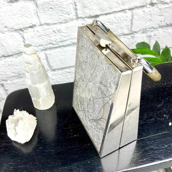 Vintage Chrome Lucite Purse Metallic Tinsel Retro 50s 60s Mod Mid-Century